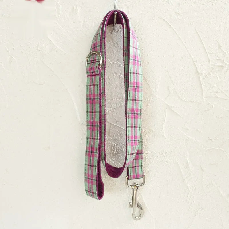 Mint-coloured polyester dog collar and leash set with zigezi pattern shown with adjustable sizing options