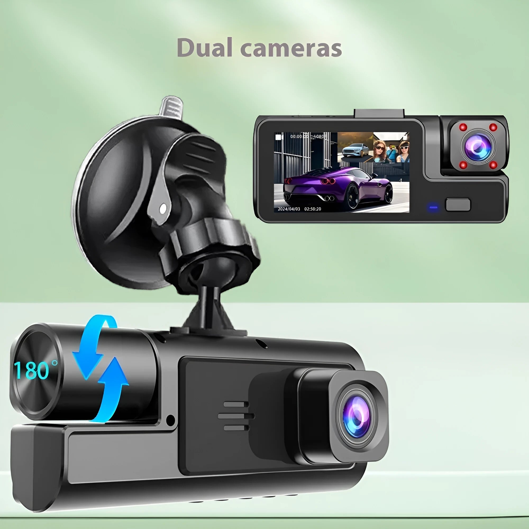 Black car dash cam with 2-inch screen mounted on windscreen, showing live reversing camera feed.