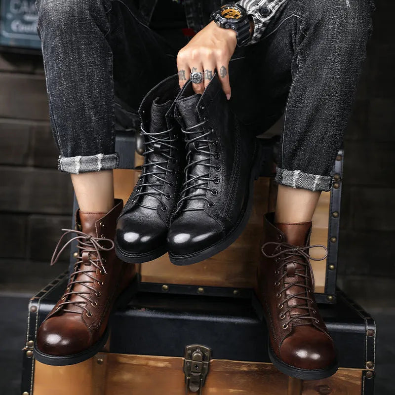 British style brush colour worker boot in brown with low heel, front lace-up, round toe, and artificial PU upper