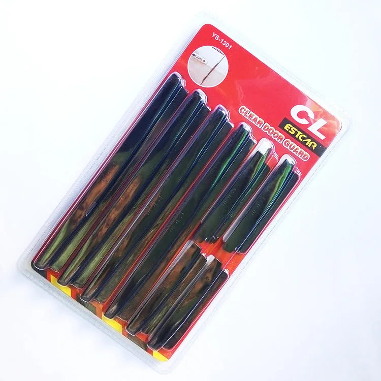 White plastic car door edge protection strip with adhesive backing, shown in packaging.