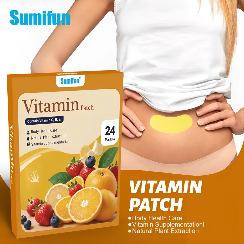A box of pain relieving vitamin plaster patches containing 24 patches for topical use