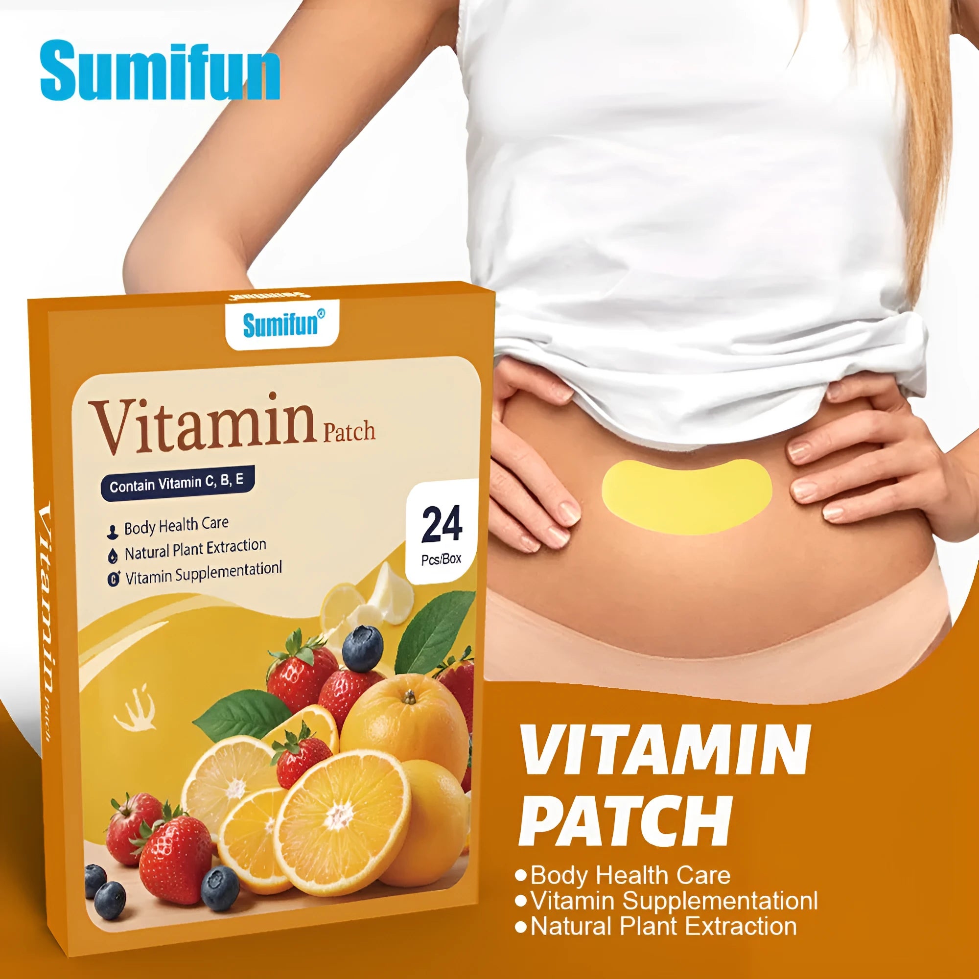 A box of pain relieving vitamin plaster patches containing 24 patches for topical use