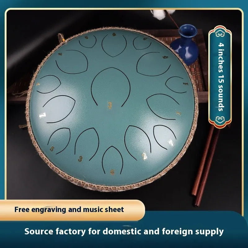 14-inch 15-tone hollow drum percussion instrument in malachite green finish on a wooden surface