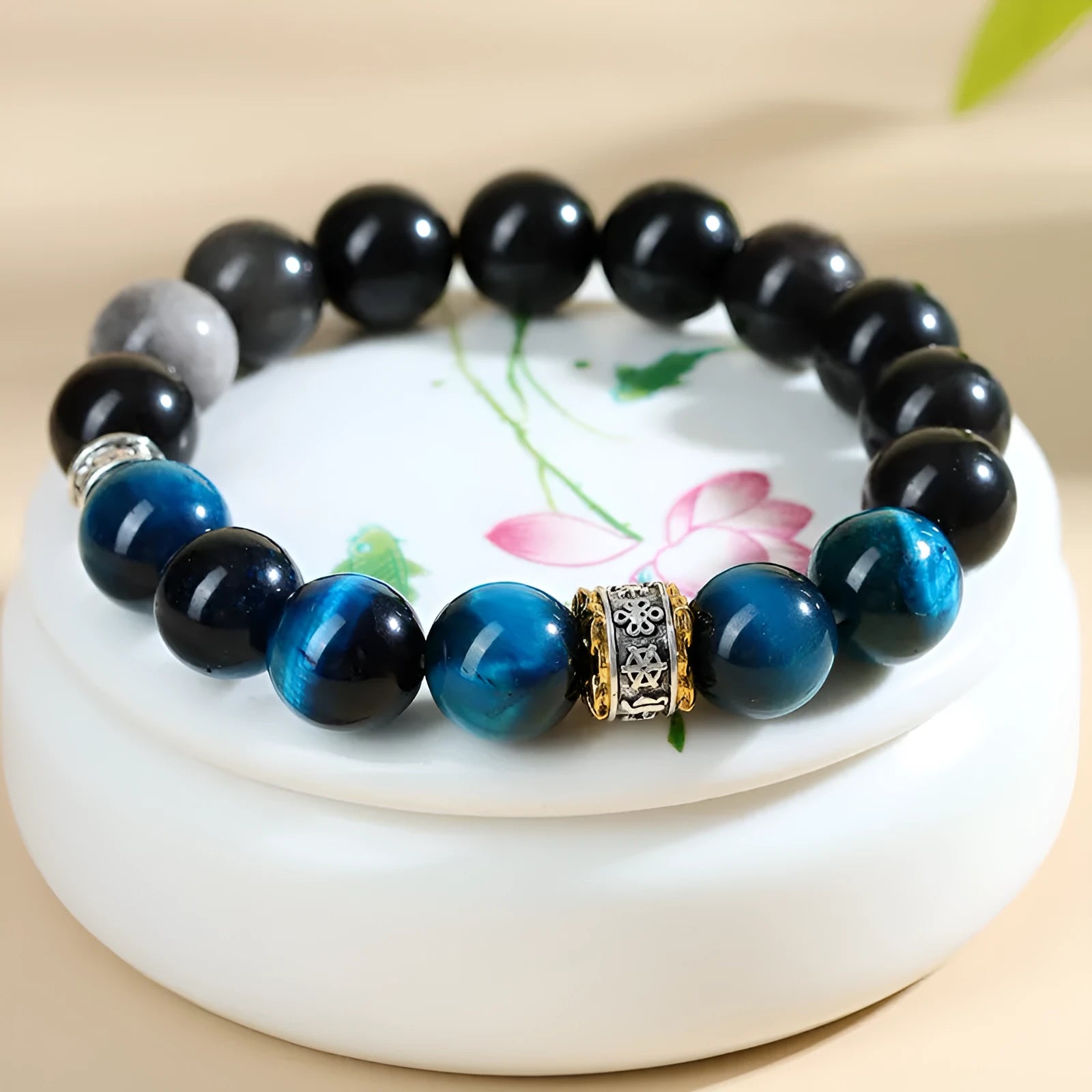 Natural peacock blue Tigereye silver stone bracelet with geometric round design