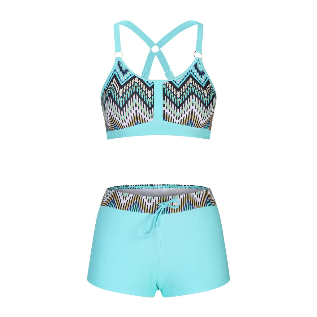 Women's floral print bikini swimsuit in polyester, shown in multiple colours and sizes.