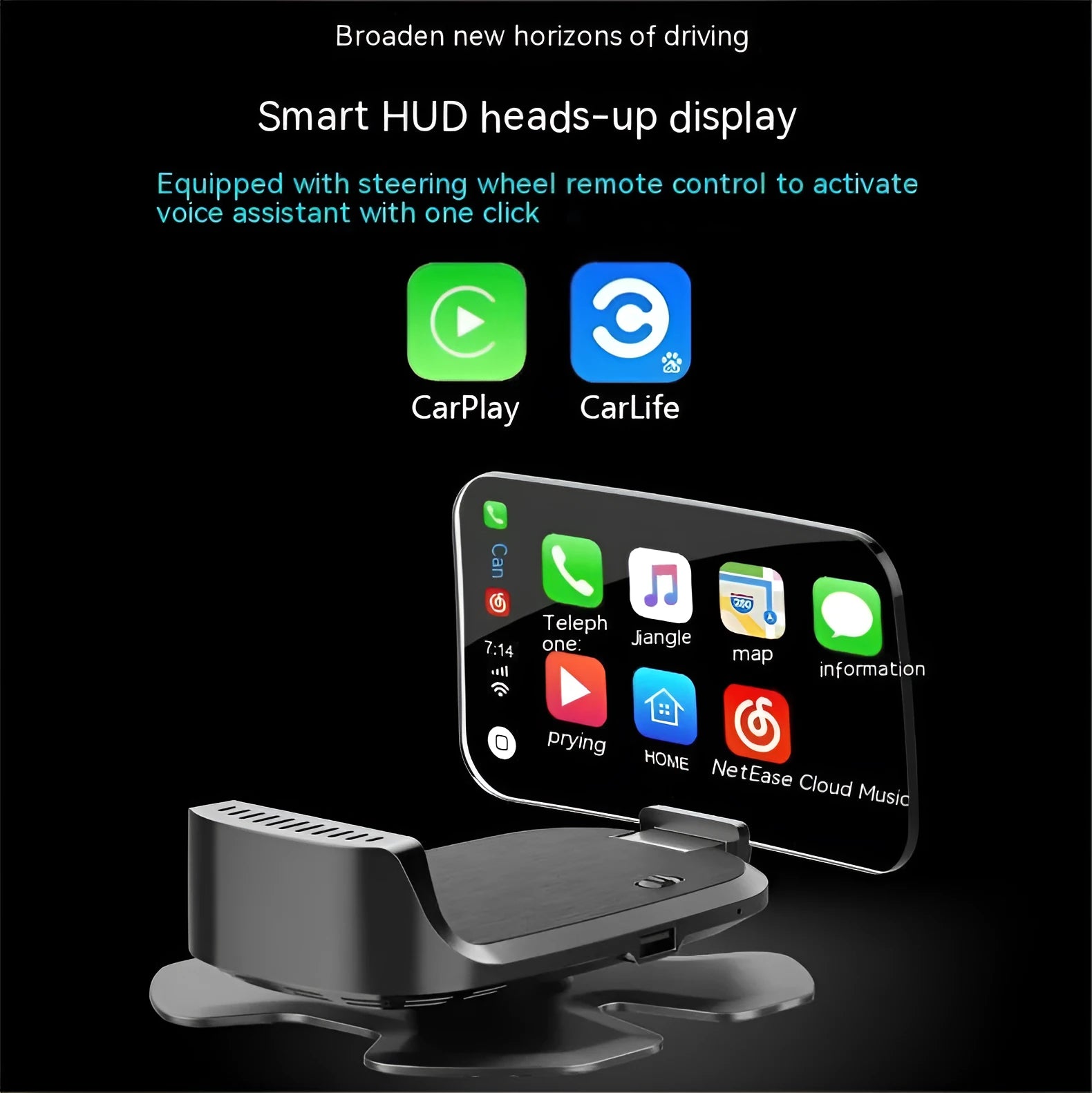 Black car HUD head-up display projector with OBD connector and CarplayY connectivity
