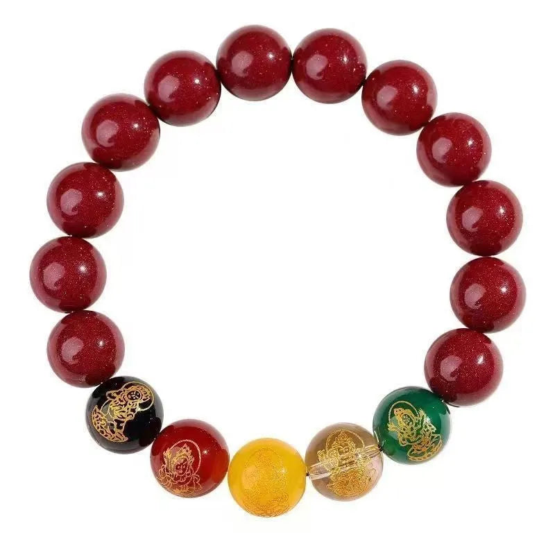 Cinnabar Five Gods Of Wealth bracelet with Pixiu animal charm in national style.