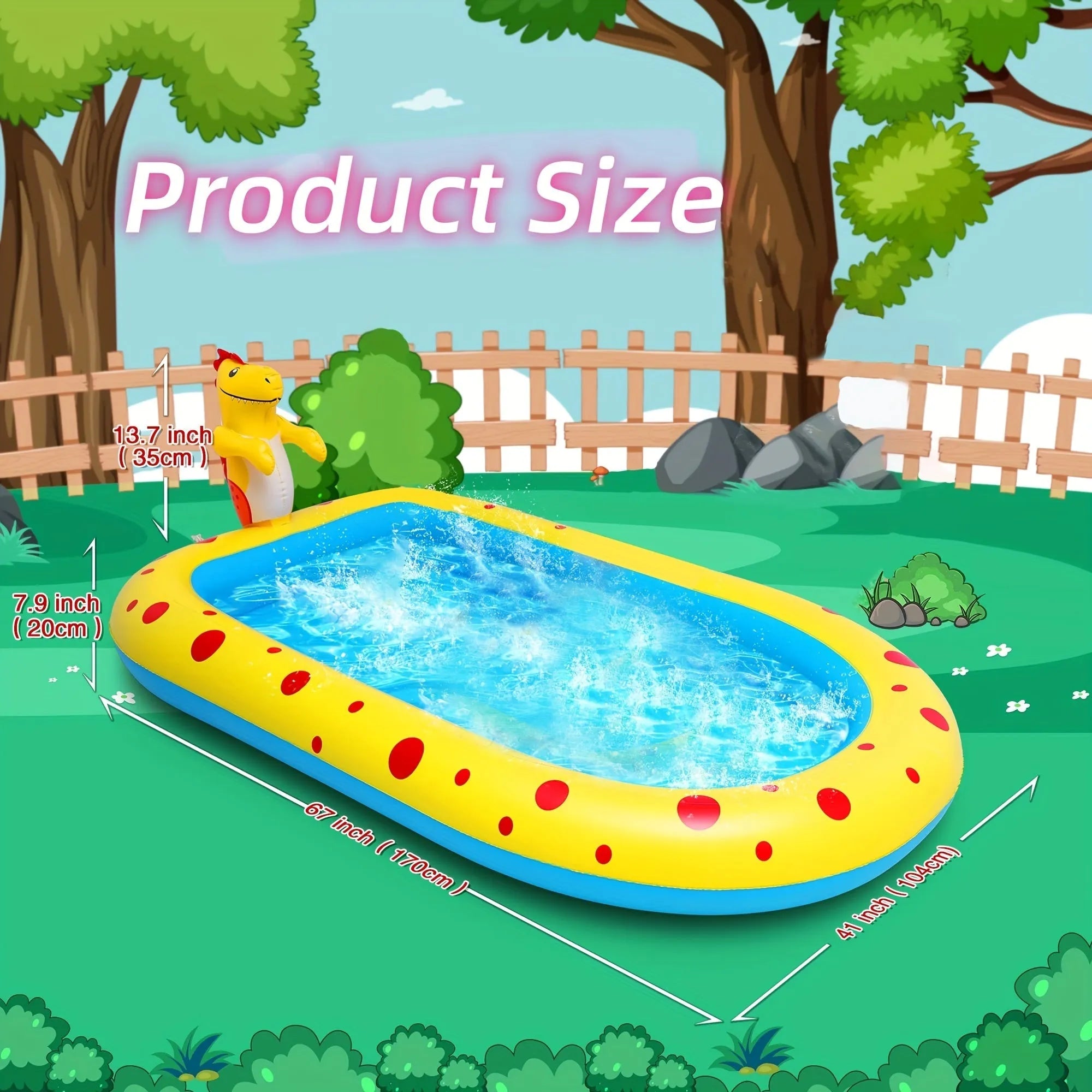 Blue dinosaur-shaped inflatable pool with spray jets for children's water play