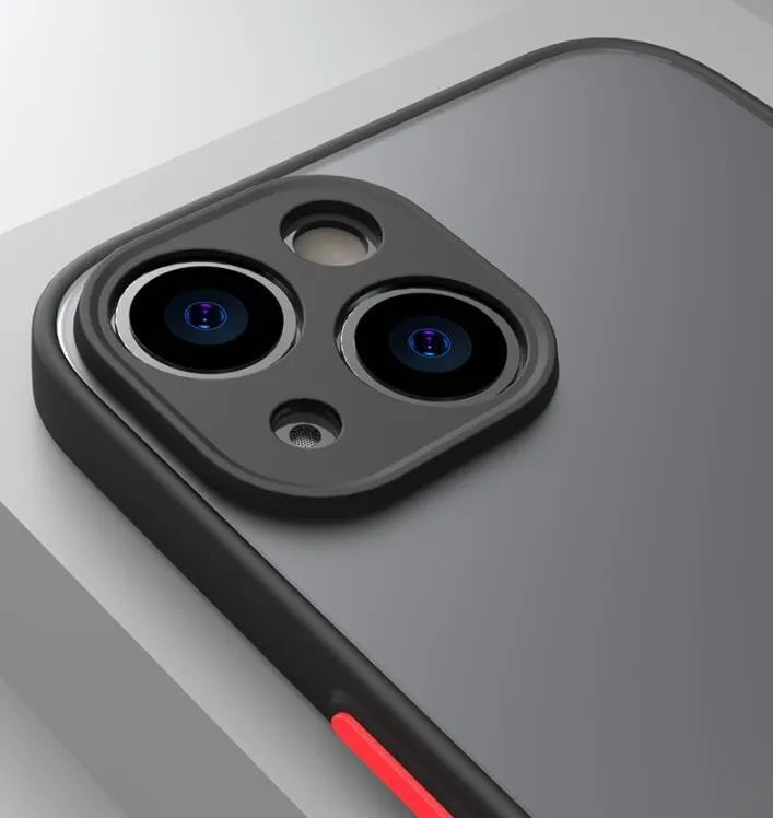 Frosted hard plastic iPhone case with TPU bumper in dark night green, showing full lens cutouts.