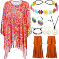 Person wearing a vibrant multi-colour tie-dye cloak with flared bell sleeves, showcasing the irregular print pattern.