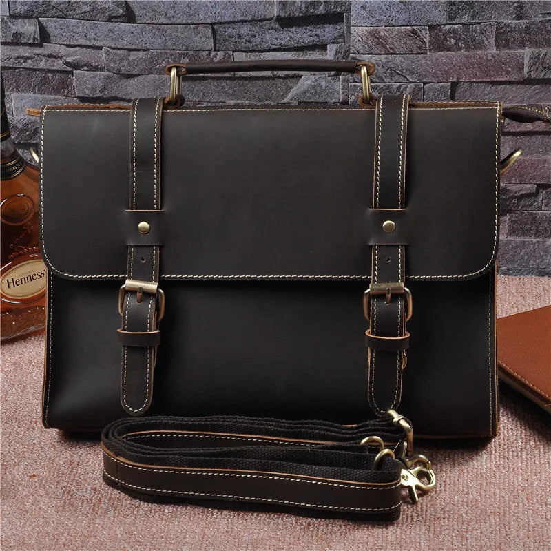 Men's genuine cowhide Crazy Horse leather handbag in dark brown, 13 inch, with lock closure, plain retro style