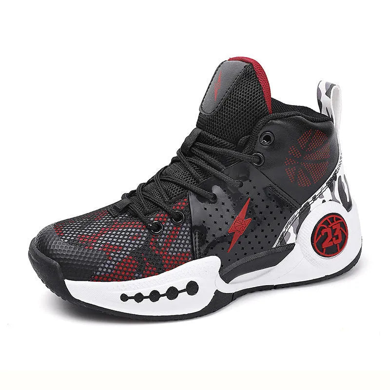 Children's mesh non-slip basketball shoes black red white with rubber sole