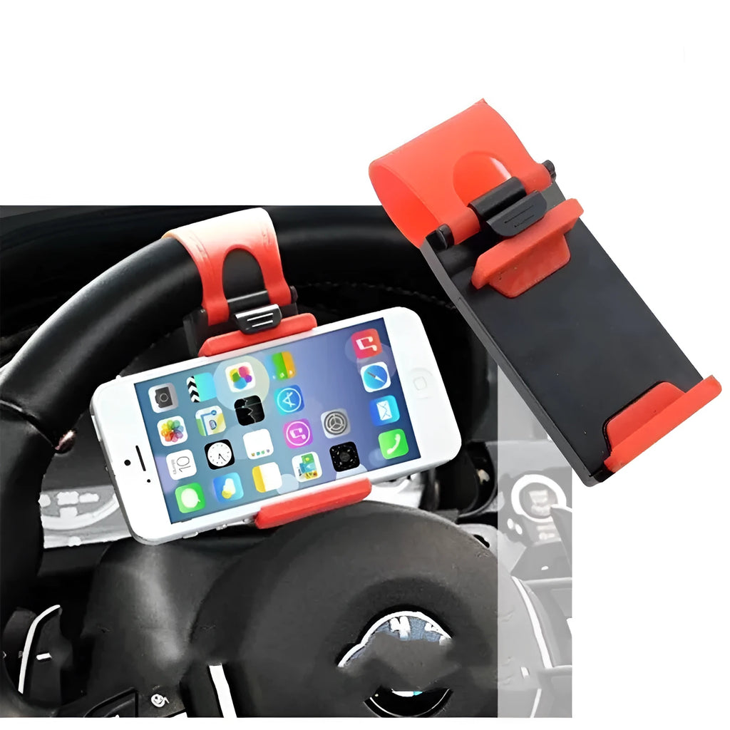 A black car steering wheel mobile phone holder made of ABS plastic.