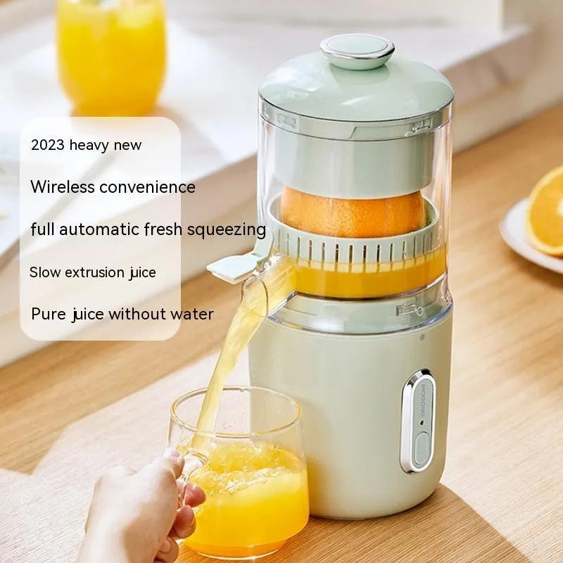 Green portable electric fruit juicer with USB-C charging and automatic pressing mechanism