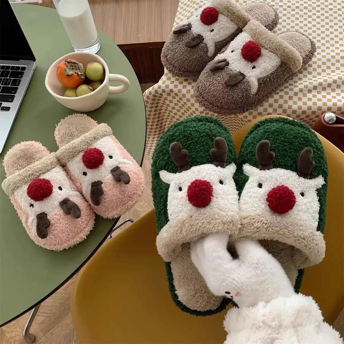 Brown women's cotton slippers with a Christmas deer design and non-slip PVC sole.