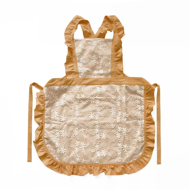 Minimalist cotton linen X-strap kitchen apron in solid colour with lace detailing