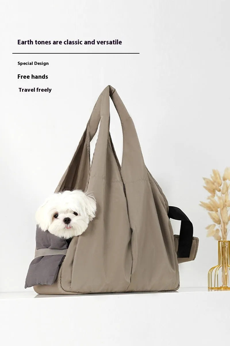 Apricot-coloured cloth pet carrier handbag for small dogs and cats showing medium size