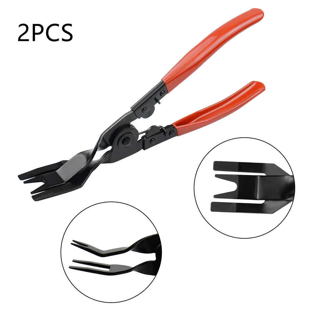Red-handled steel automotive clip removal pliers for door panel fasteners.