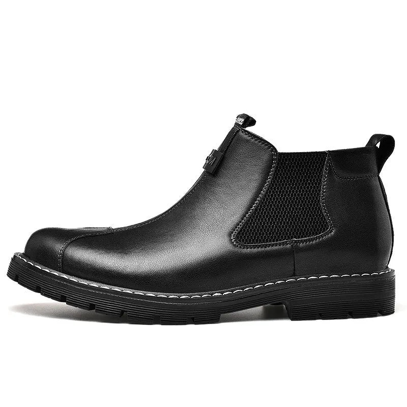 Men's retro British platform business casual shoes black artificial PU upper round toe low heel height increasing waterproof boots