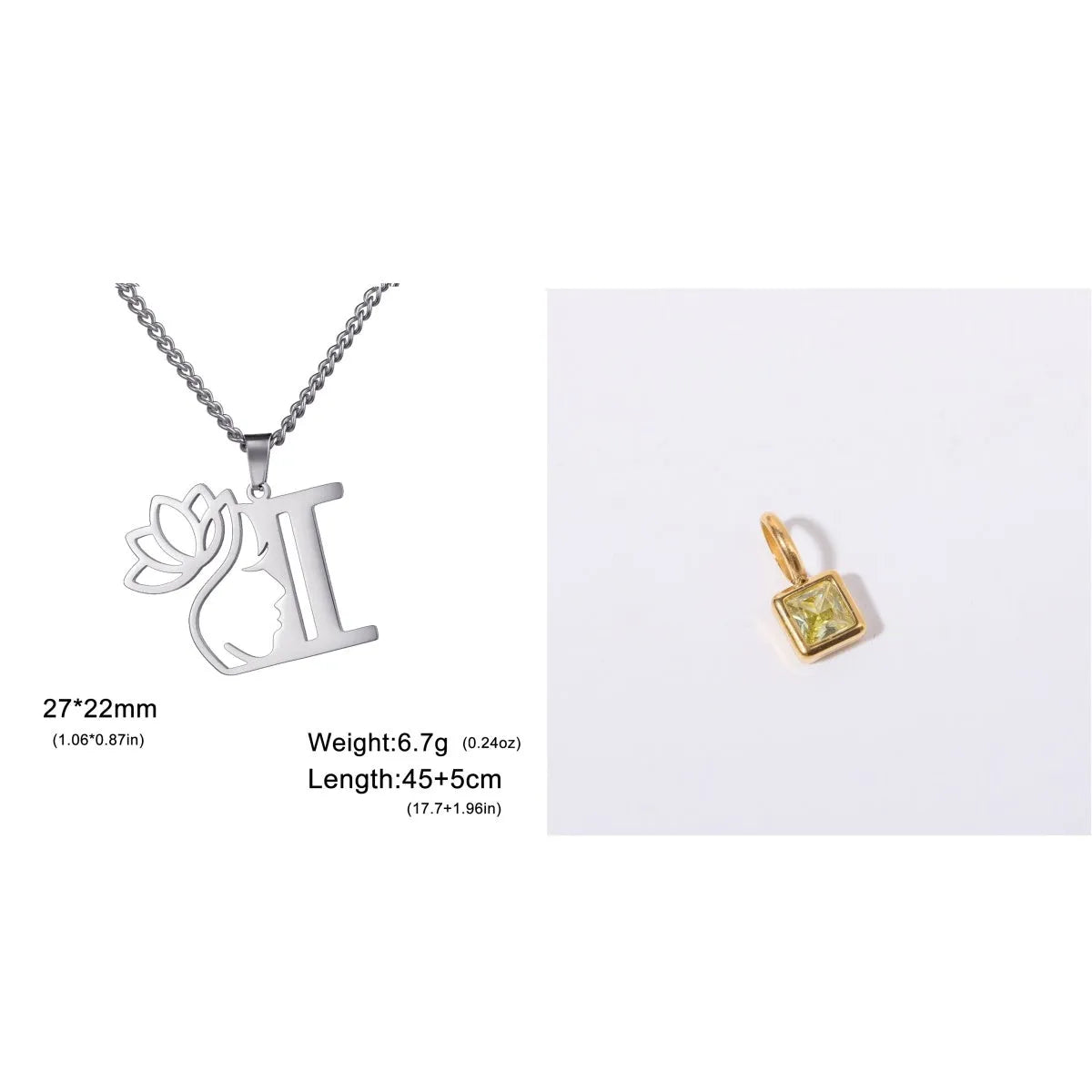 Gold electroplated stainless steel necklace with a cross chain and a letter 'A' pendant on a white background.