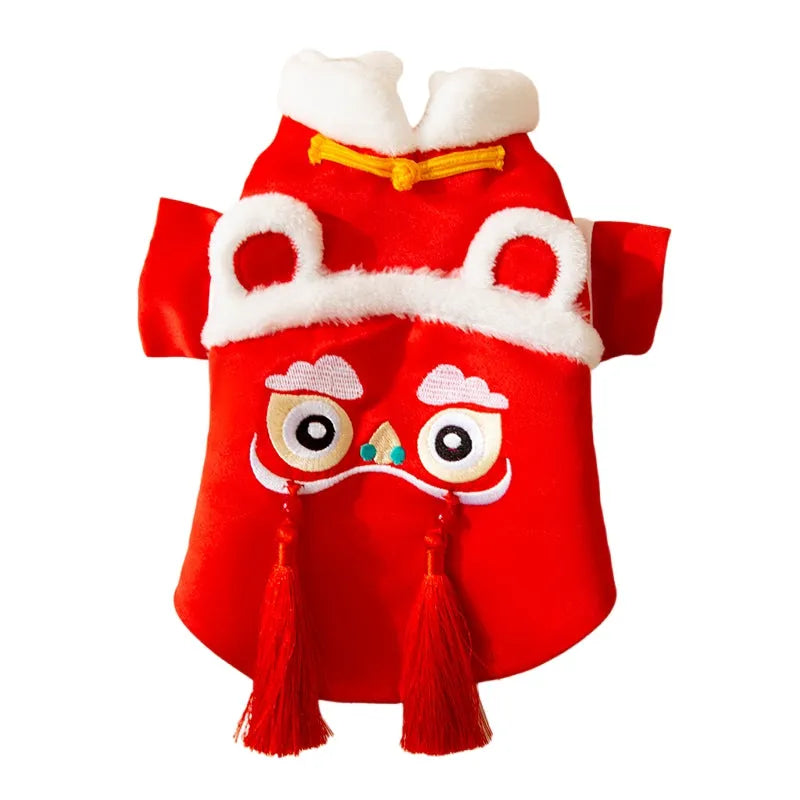 Lion Dance pet Tang suit cotton-padded red top with embroidery and festive tassels for dogs