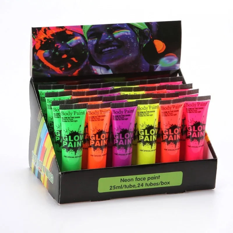 25ml pot of neon green face and body paint, labelled as safe and non-toxic gouache.