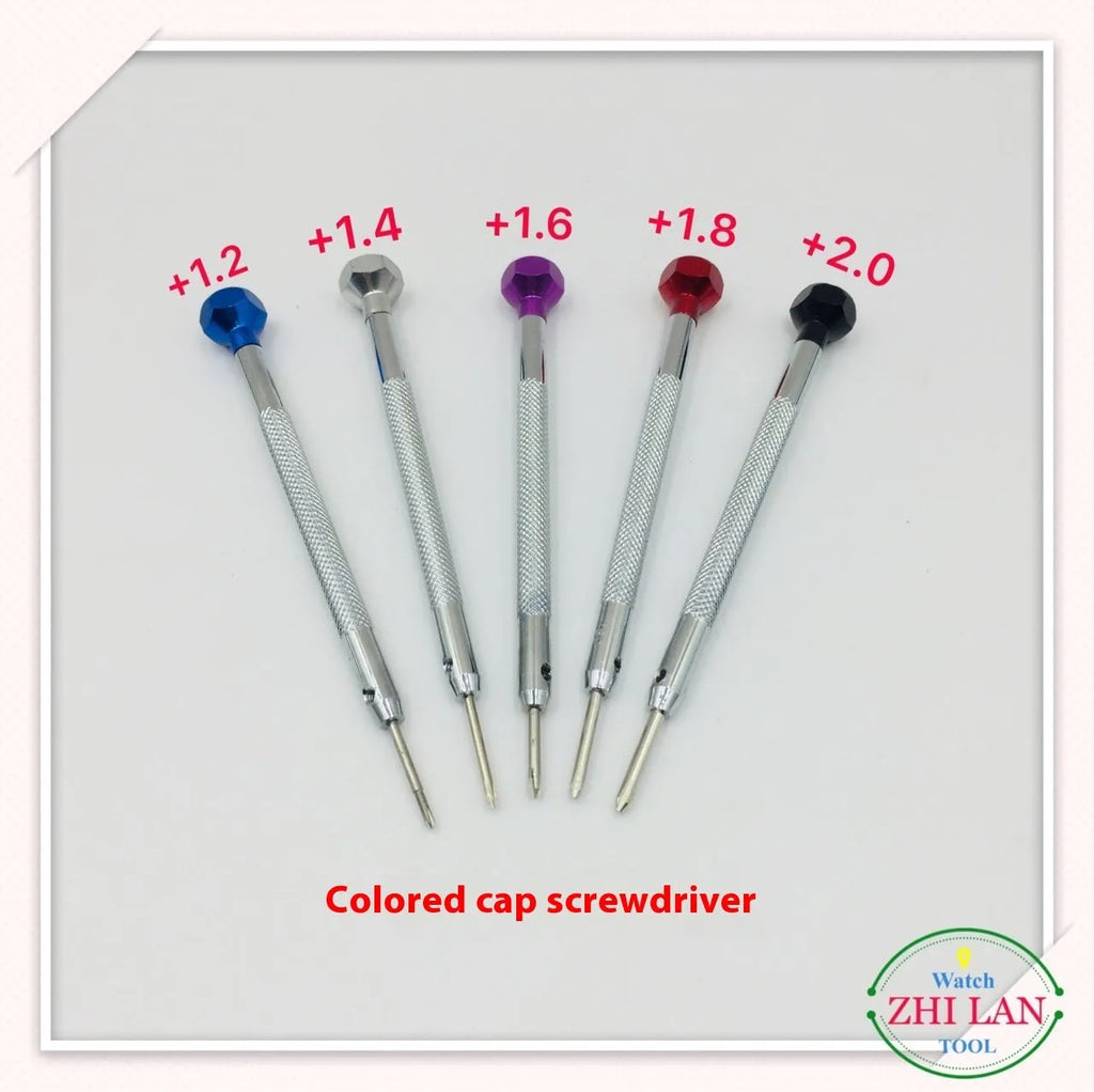 Six colour-coded aluminium handle watch repair screwdrivers with oxidation-treated steel tips.