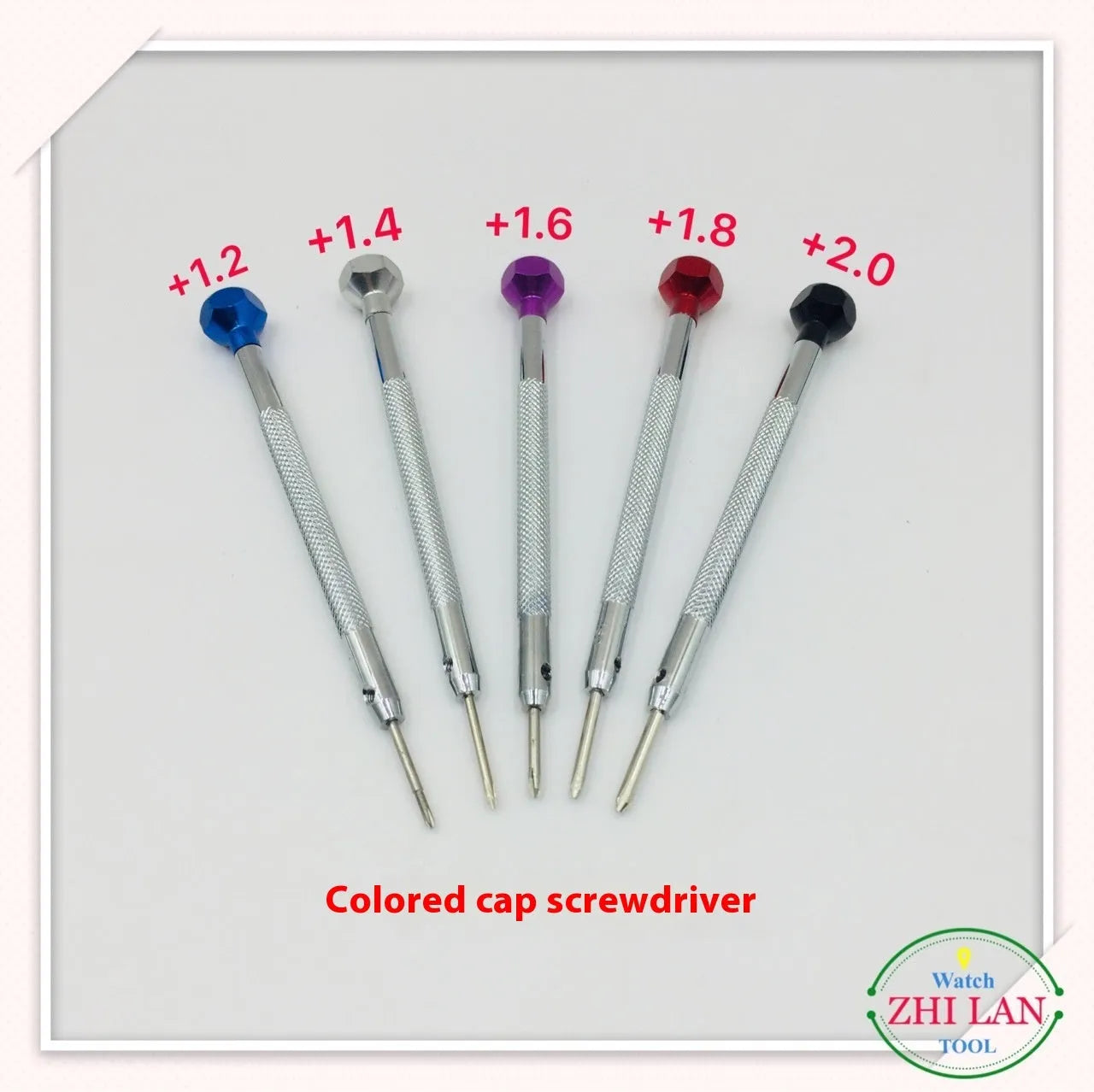 Six colour-coded aluminium handle watch repair screwdrivers with oxidation-treated steel tips.
