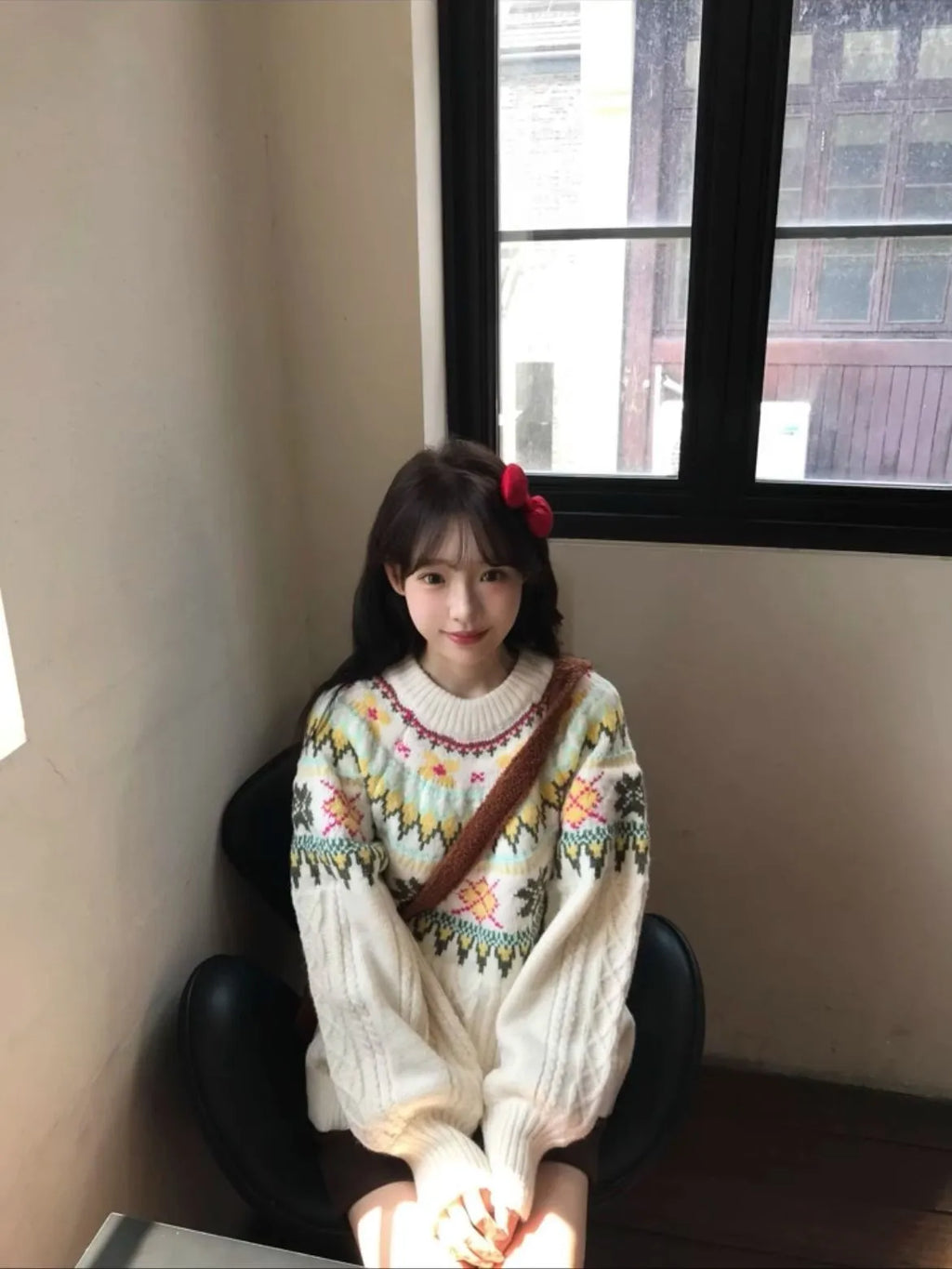 Women's milky white lantern sleeve loose Mori knitwear pullover sweater on hanger