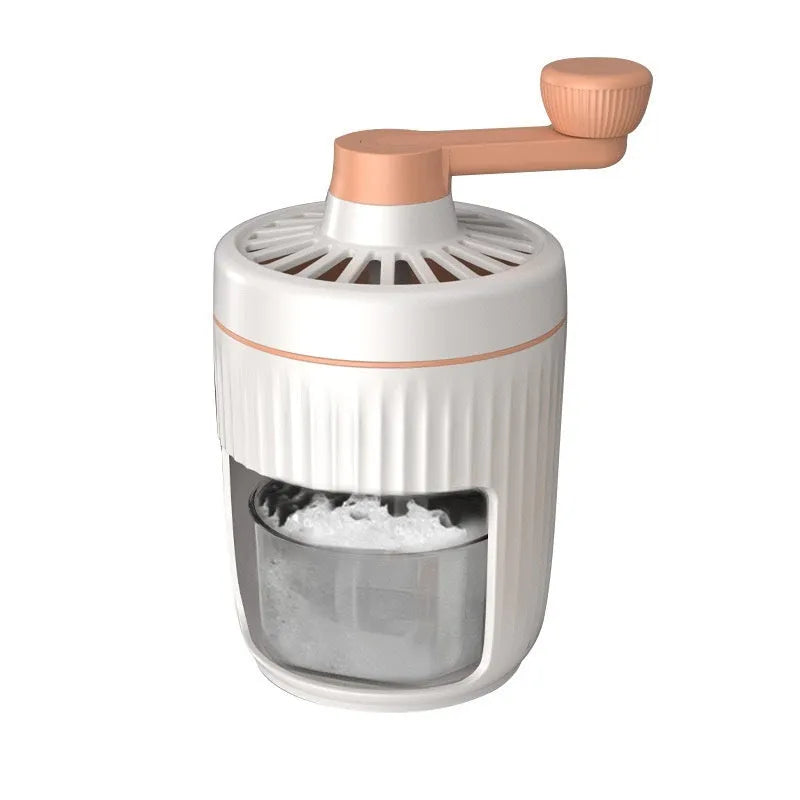 Hand-cranked ice shaving machine in green, compact portable design with removable ice box and stainless steel blade