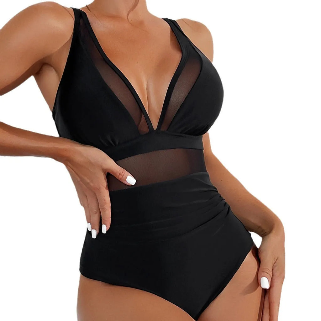 Black women's one-piece swimsuit with halter neck and briefs style, made from nylon fabric