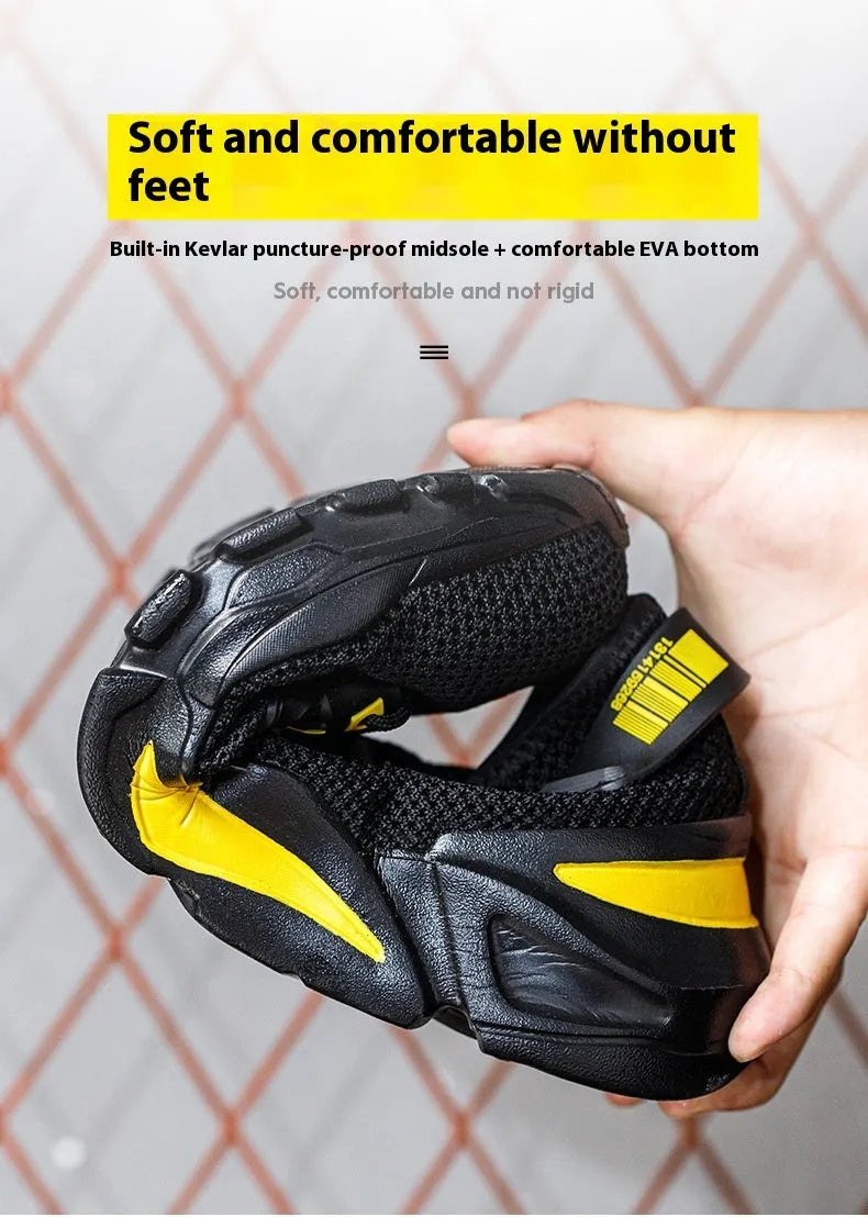 Men's Flyknit work shoes with steel toe caps in black, grey, and yellow colour options