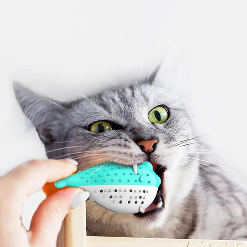 Blue silicone fish-shaped cat chew toy on a white background.