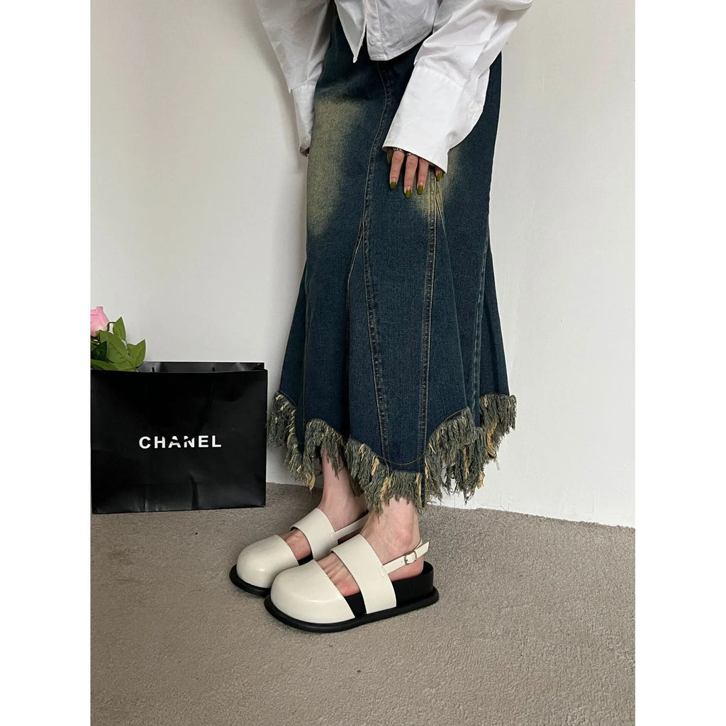 Retro raise-the-bottom closed-toe sandals with ankle-strap buckle in apricot colour
