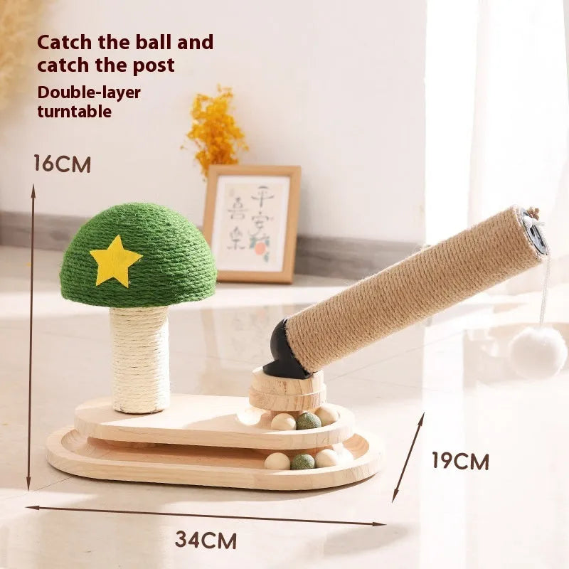 Solid wood cat scratch board toy with a rotating turntable and a ball, shown in a panda-themed design.