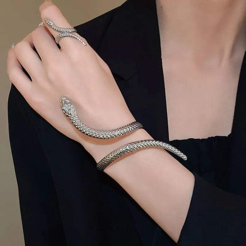 Gold and silver exaggerated twisted snake design metal ring and bracelet jewellery set
