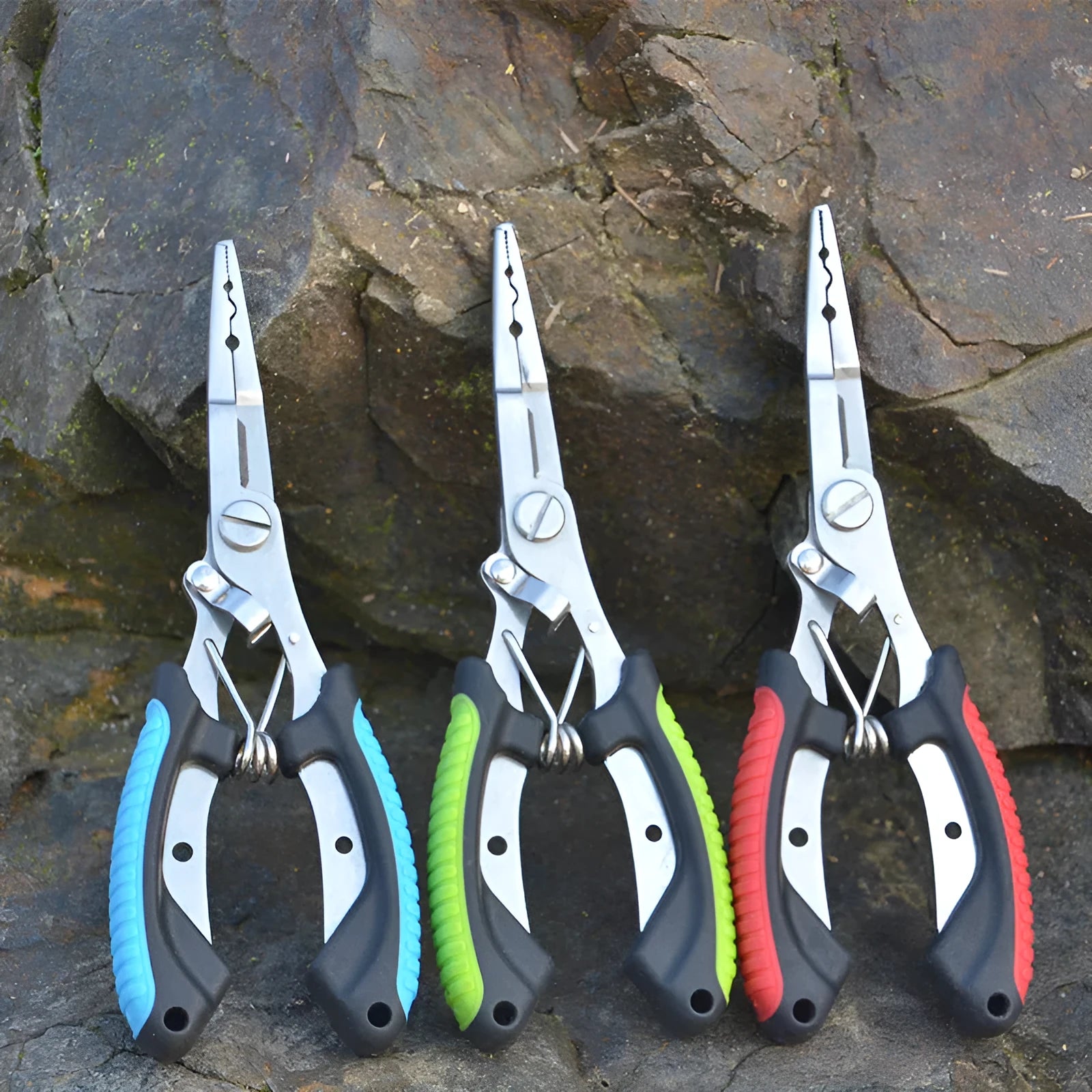Medium fishing pliers with hook in straight mouth design showing steel construction and coloured handles