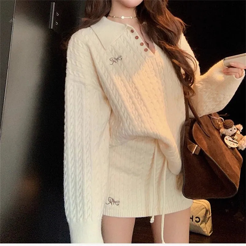 Korean academic twist knit skirt set in beige colour blocking, long sleeves, short skirt, polyester velvet