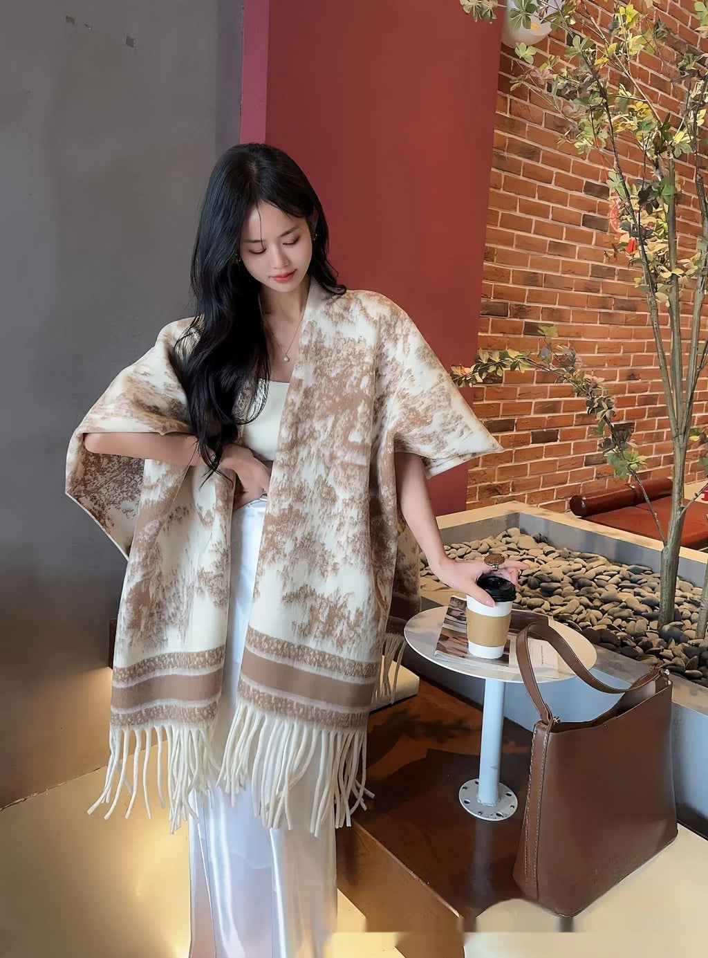 Women's lightweight polyester tassel scarf cape draped as a shawl in a picture colour