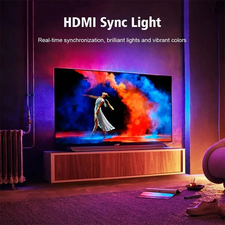 App-controlled TV ambience LED light strip mounted behind a television