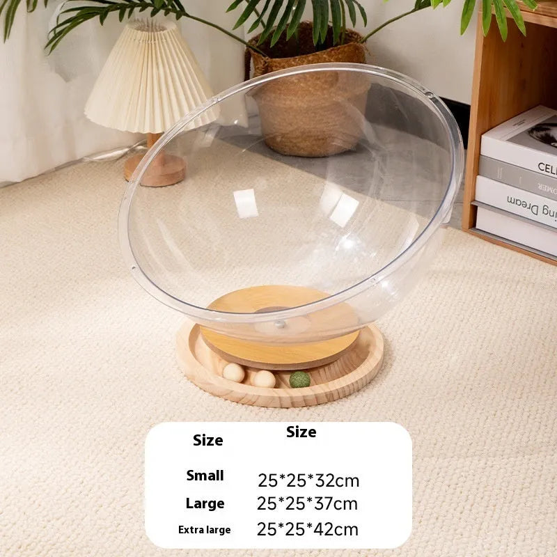 Transparent acrylic bathtub-shaped cat space capsule on a wood board base.