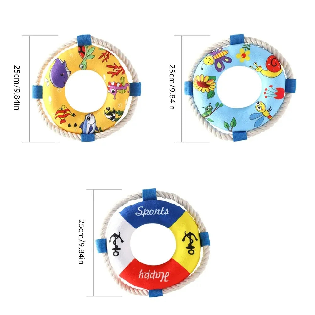 25cm diameter plush dog pull ring toy with squeaker in yellow fish design for chew resistant fetch training
