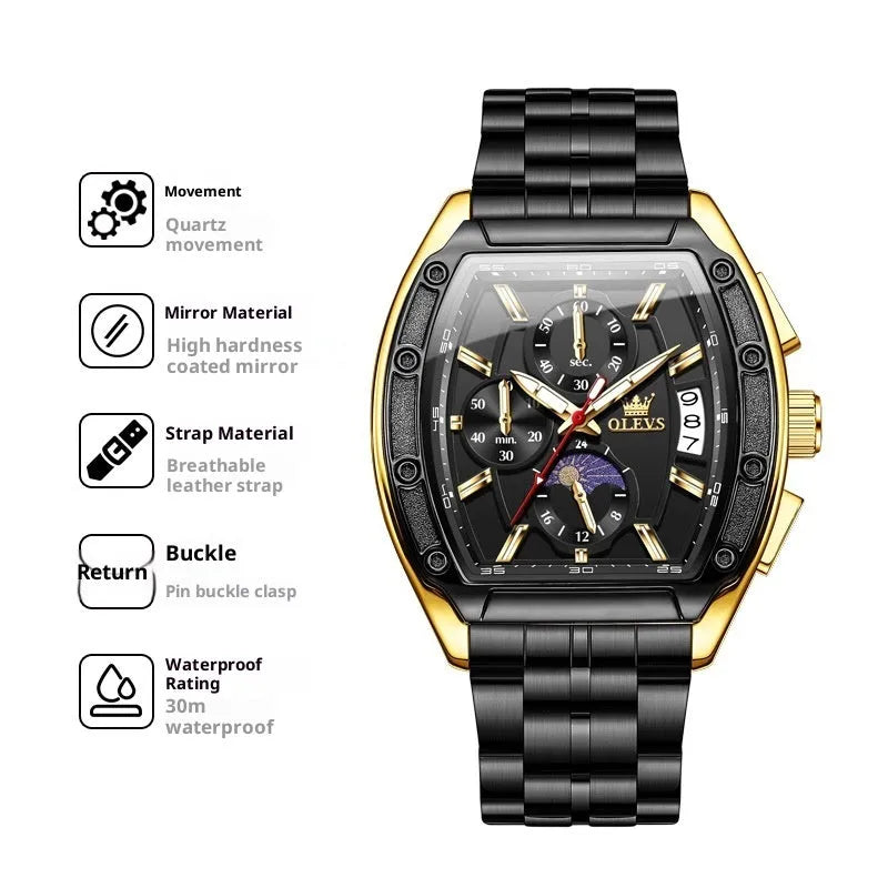 Men's quartz watch with stainless steel strap, luminous dial, moon phase and calendar, 42mm barrel case, blue or black