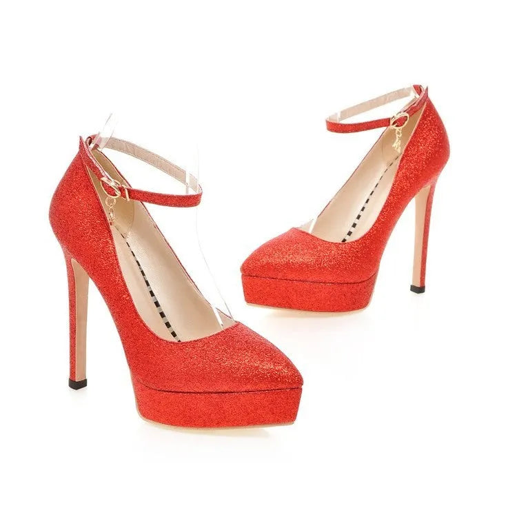 Women's waterproof platform stilettos in black with ankle bandage buckle and 13cm heel
