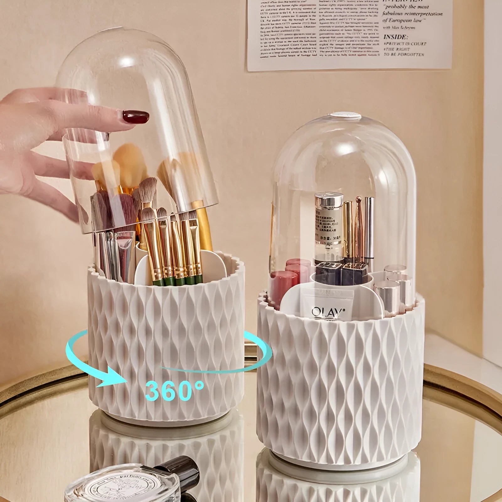 Transparent rotating makeup brush holder with white base and dust-proof lid