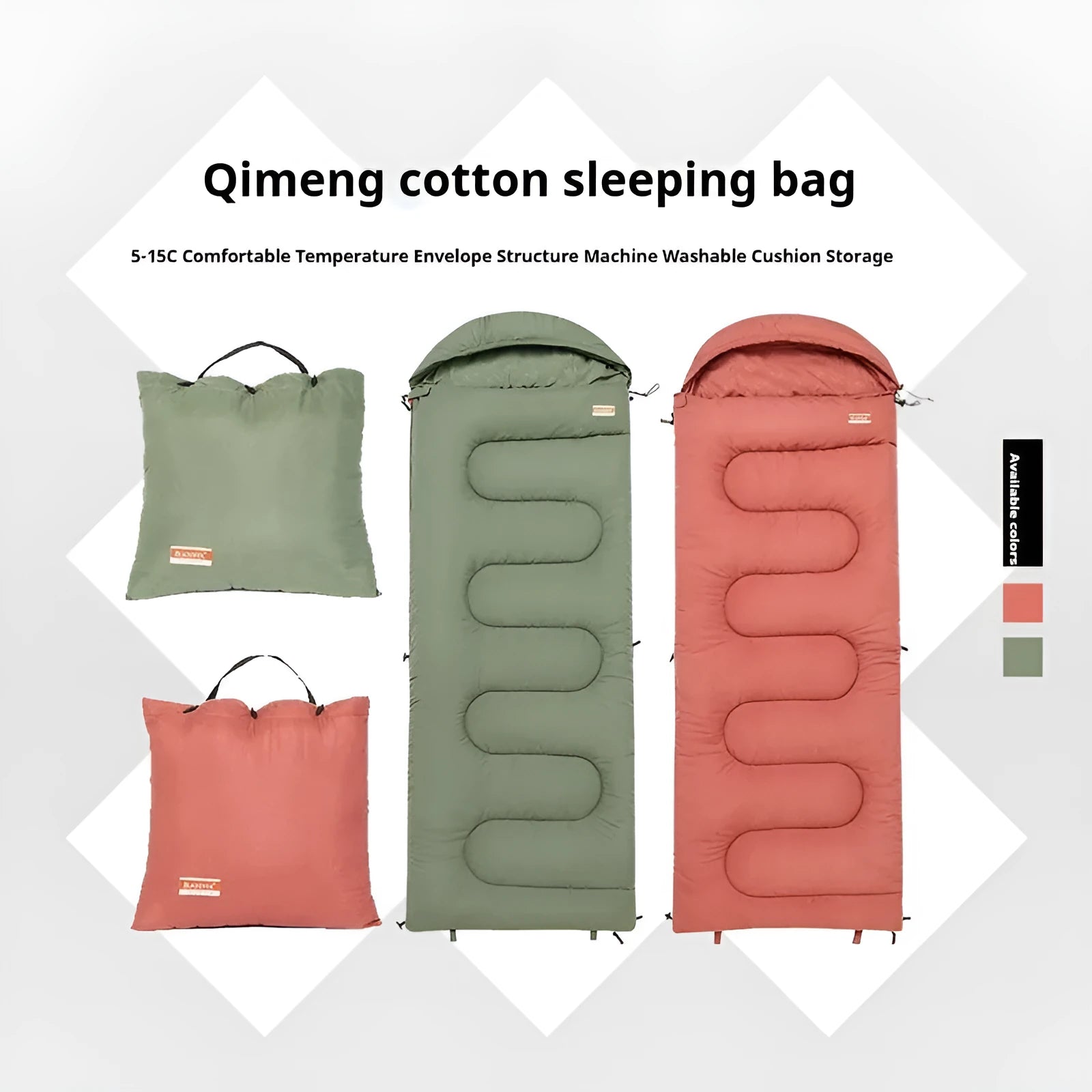 Ultra-light cotton camping sleeping bag quilt shown in ochre and olive green colours, folded for portability.