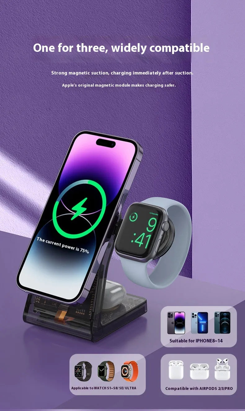 Transparent three-in-one wireless charger with magnetic stand and Type-C port charging a phone, watch, and earbuds