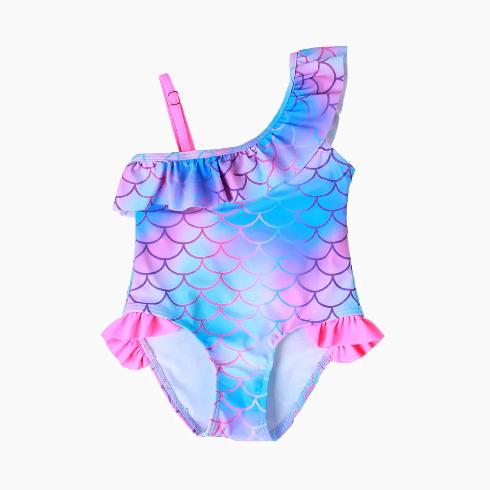 Girls' one-piece swimsuit with blue gradient fish scale print and flounced design.