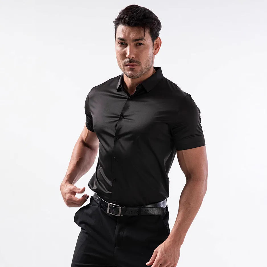 Men's short sleeve elastic shirt in cardigan style with non-ironing fabric