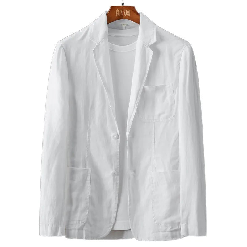 Men's slim fit linen suit jacket in solid colour with nine-point sleeves and mid-length cut